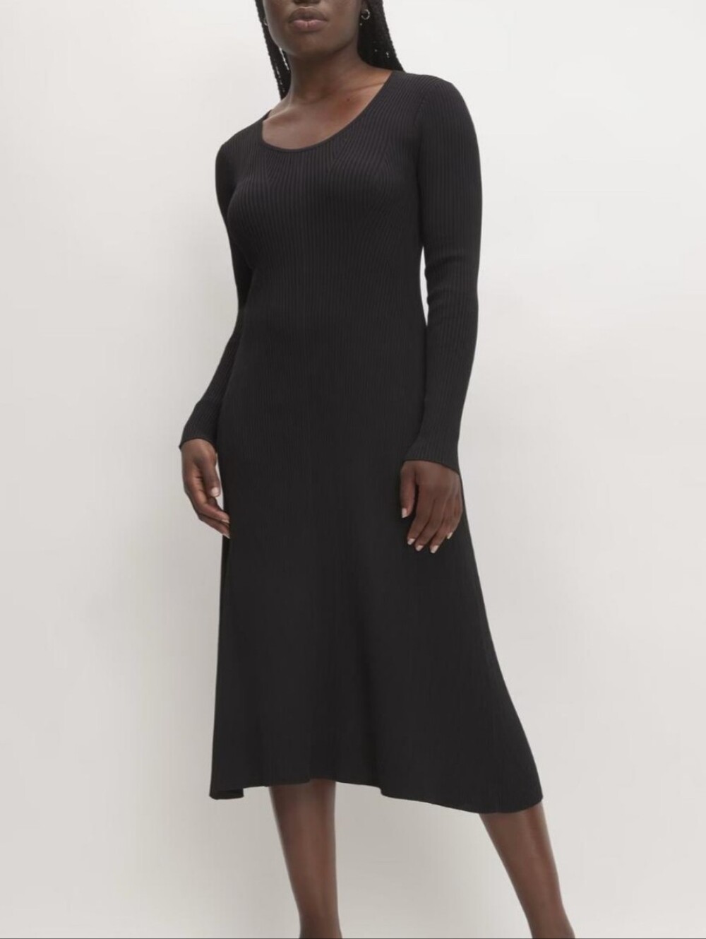 EVERLANE Black Ribbed Scoop-Neck Long-Sleeve Midi Dress